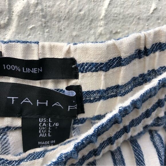 TAHARI 100% Linen Stripe Pullon Pants Size Large Lagenlook Pockets Minimalist - Picture 7 of 12